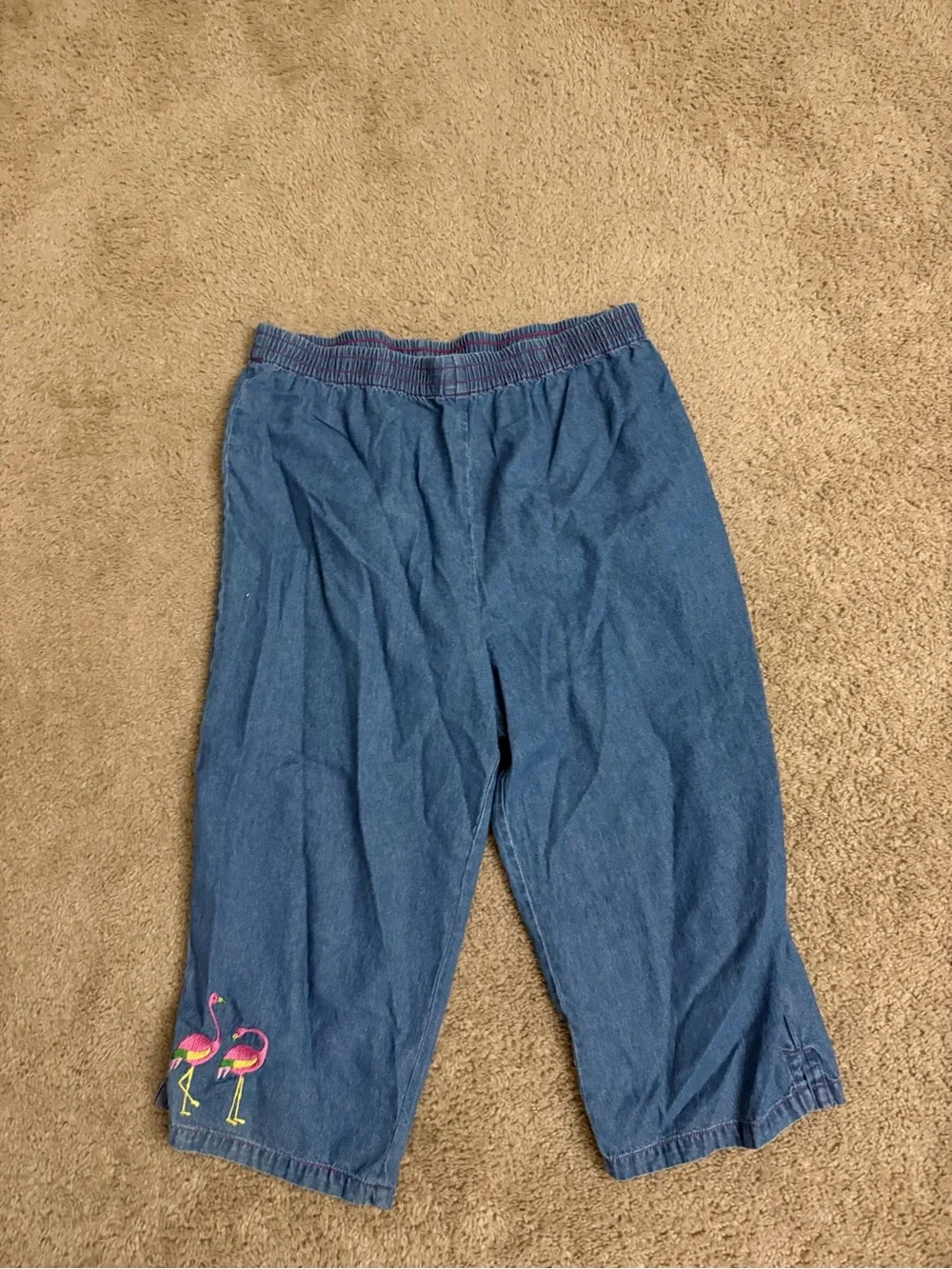 VTG Bleu Bayou Flamingo Embroidered Matching Set  Size XL V Neck Shirt Capris - Picture 6 of 8